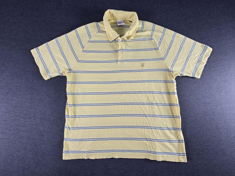 Brooks Brothers 346 Polo Shirt Mens Medium Yellow Blue Striped Cotton Knit Logo